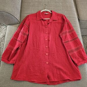 John Mark Red Eyelet Sleeve Relaxed Casual Neutral Button Top Size Large
